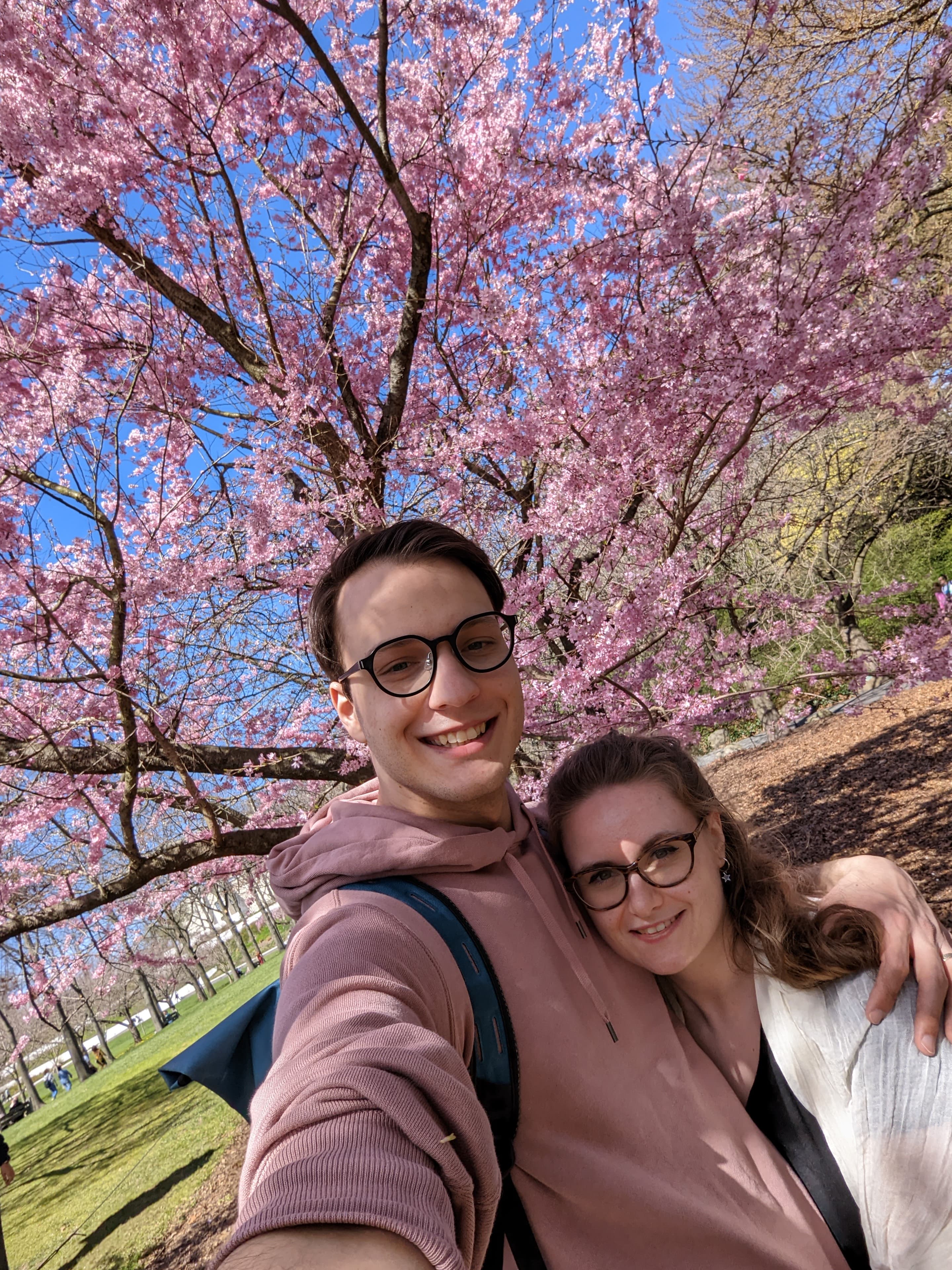 Christian and Sonya underneath cherry blossoms in spring